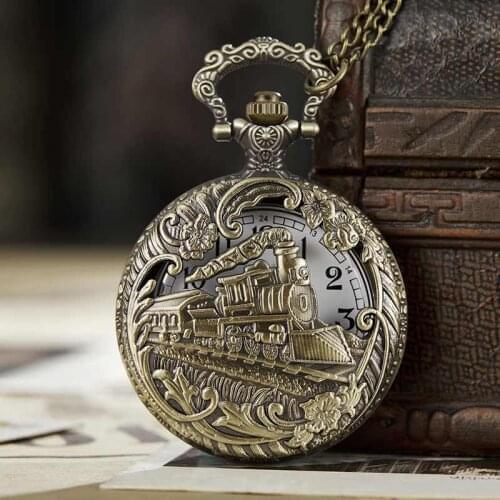 Vintage Retro Train Front Locomotive Engine Design Quartz Pocket Watch Bronze Necklace Pendant With FOB Chain Mens Womens Gifts
