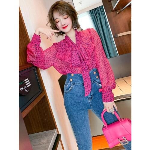 Printed lace up bow Ruffle single breasted shirt womens wear 2021 Spring new High Quality Top Quality