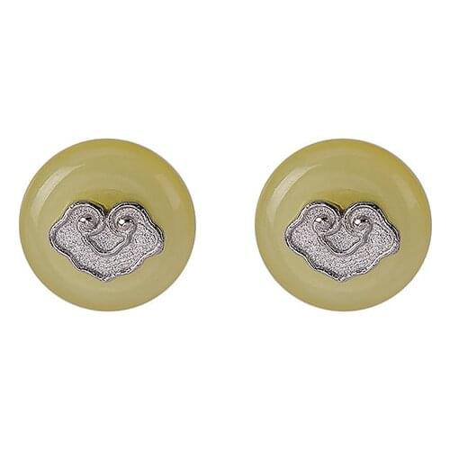 S925 sterling silver natural amber stud earrings retro personality and minimalism small Ruyi peace buckle womens earrings