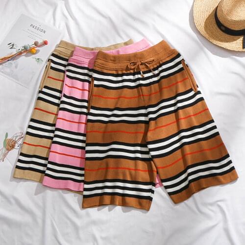 3 colors 2021 Women Classic Vintage Black White Striped High Waist Knitted Pants Knee Length Casual Y2K wide leg Drawstring