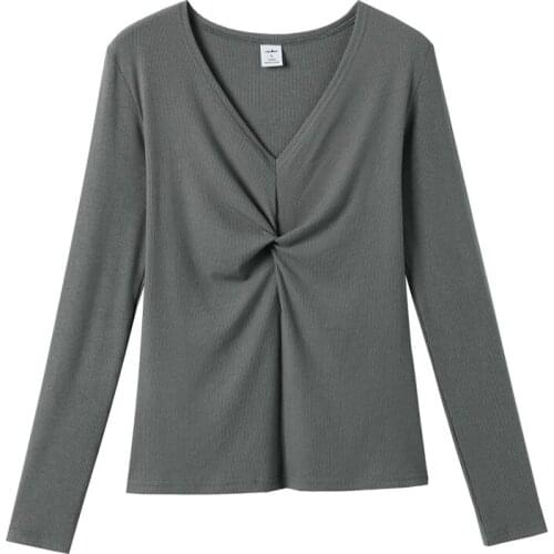 GIGOGOU 95% Cotton Ruched V Neck Women Sweater 2020 Autumn Long Sleeve Thin Pullovers Top S-XL Sexy Female Bottoming Pull Femme