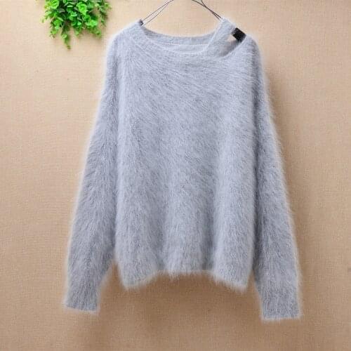 Ladies women winter fashion plush warm mink cashmere o-neck loose long sleeves angora rabbit fur basic pullover blouses sweater