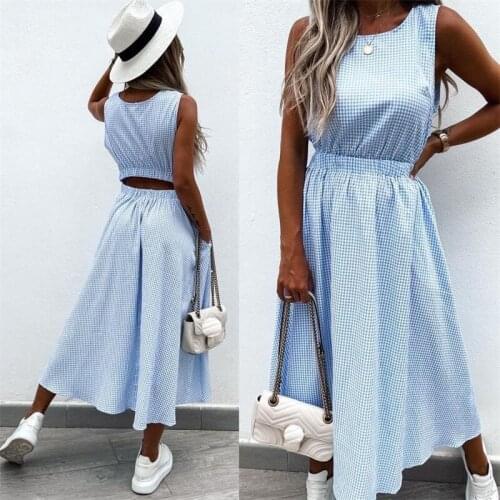 For Womens Summer Sleeveless Dresses Casual Fashion O Neck Print Small Plaid Elastic Mid Waist Hollow Ladies Long Dresses 2021