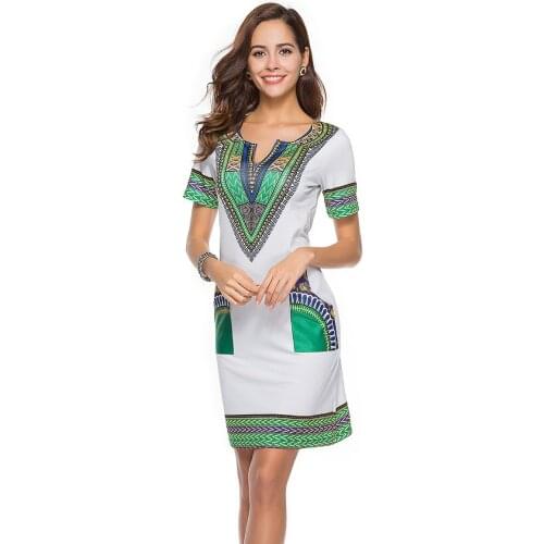 2019 New Summer Dress Fashion Trendy Temperament Nation Style Print Large Size Slim Short Sleeve V Collar Women Dresses ZW130