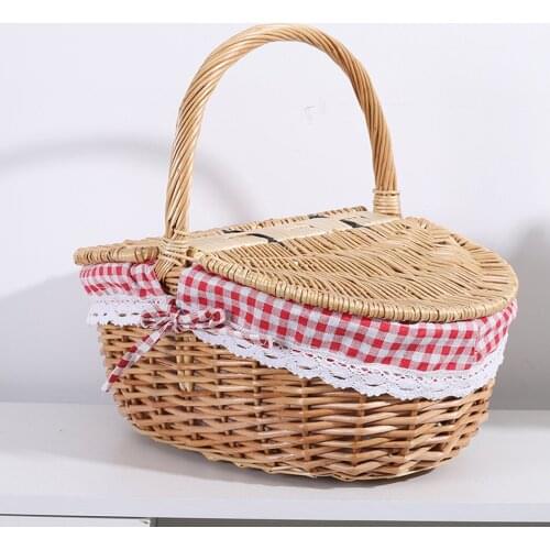 1pc Handmade Wicker Basket With Handle Rattan Camping Picnic Basket With Double Lids Storage Hamper Basket With Cloth Lining