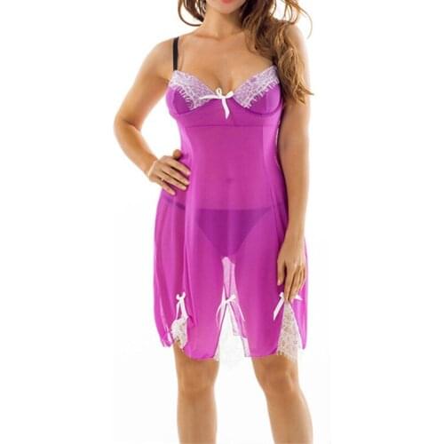 2018 Summer Purple Ladies Lingerie Sexy Lace Erotic Net Yarn Transparent Sling Sleepwear Slips Plus Size S-XL