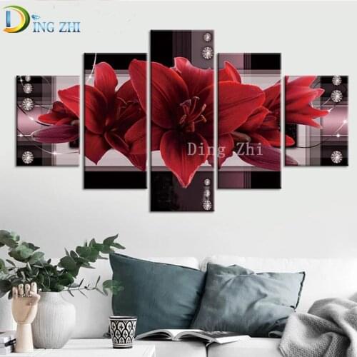 5 Panel Red Lily 5D DIY Diamond Painting Flower Crafts Kit Full Drill Square Embroidery Mosaic Art Rhinestones Home Decor Gift
