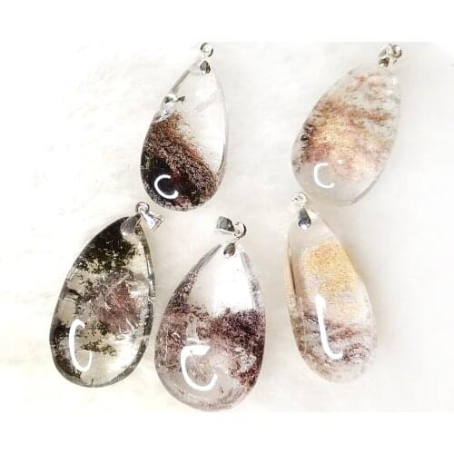 5pcs Natural Garden Quartz Teadrop S925 Silver Pendant Green Ghost Phantom Crystal Pendant Reiki Healing Crystal Stone Jewelry