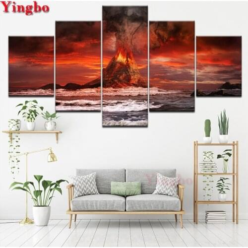 5d diamond painting 5 Panel Volcano Eruption Scenery diamond mosaic full square round diamond embroidery Multi-picture