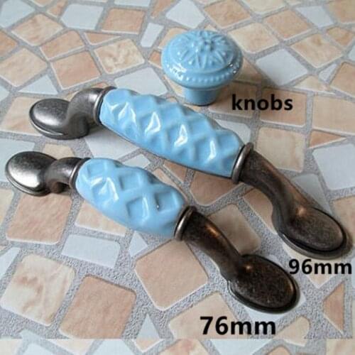 96mm Blue dresser handles Drawer knobs pulls ceramic kitchen cabinet handles pulls antique silver furniture decoration handle 3"