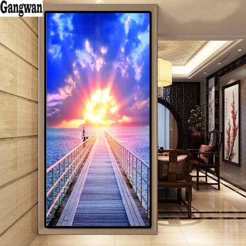 DIY Diamond Painting cross stitch Seascape full square/round diamond embroidery mosaic painting sunset Wooden bridge landscape