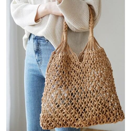 Popula Cotton Rope Hollow Straw Bag Sheer Macrame Tote Bohemian Ultralight Shoulder Bag Net Bag Vintage Retro Chic handbag