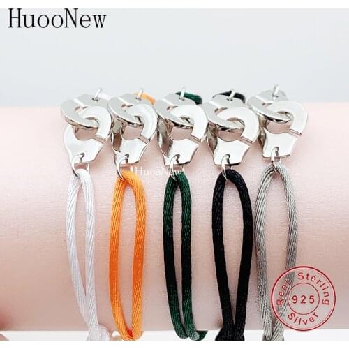 Handcuff Jewelry 100% 925 Sterling Silver Handcuffs Bracelet With Rope For Women Fashion Gift Pink Black Red Gray Rope