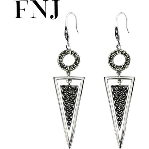 FNJ Triangle Earrings 925 Silver New Fashion MARCASITE Original S925 Sterling Silver Drop Earring for Women Jewelry