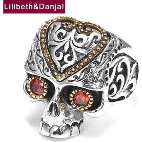 Inlaid Artificial Zircon Red Eyed Skull Real 925 Sterling Silver Punk Ring Vintage Fine Jewelry Women Men 2021 Free Shipping R16