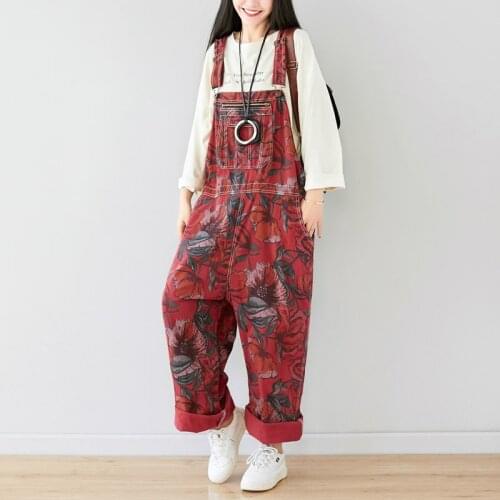 Plus Size Wide Leg Jean Jumpsuit Women Casual Europe Boyfriend Suspenders Denim Overalls Baggy Printed Cowboy Bib Trousers