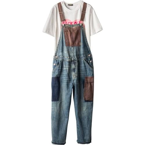 2021 Japanese Retro Bib Jeans Men Overalls Denim Jumpsuits Cotton Straight Patch Big Pocket Wide Leg Pants Blue Cowboy Trousers