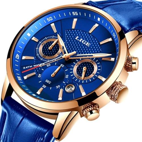 LIGE New Men Watch Top Brand Blue Leather Chronograph Waterproof Sport Automatic Date Quartz Watches For Mens Relogio Masculino