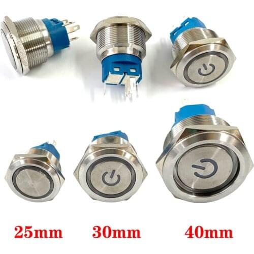 25mm/30mm/40mm stainless steel metal button switch round flat led ring instantaneous power mark car switch 12V 24V yellow blue