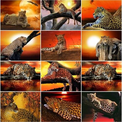 MomoArt Diamond Mosaic Leopard Crafts 5D Diamond Painting Animal Cross Stitch Embroidery Sunset Picture Of Rhinestone Wall Decor