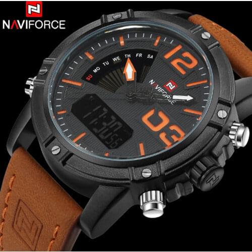 Men Sport Watches NAVIFORCE Brand Dual Display Watch Digital Analog Watch Electronic Quartz Watch 30M Waterproof Orange Clock