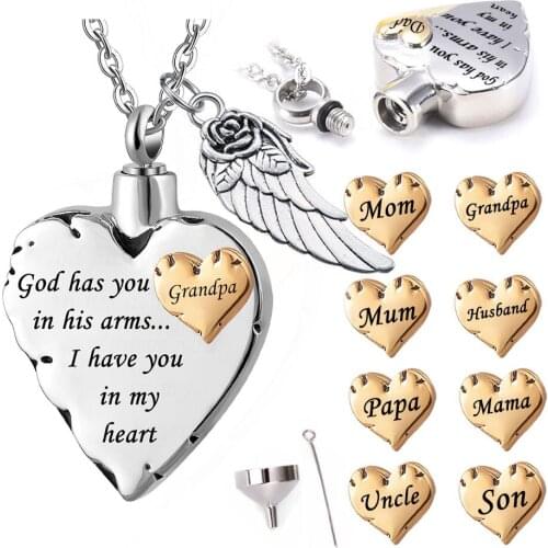 Stainless Steel Heart Ashes Necklace Angel Wing Charm Cremation Jewelry Memorial Ashes Urn Pendant for Dad Mom Pet with Funnel