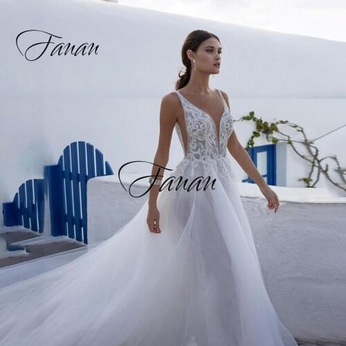 New Sexy Deep V-Neck See-Through Beach Wedding Dress Backless Lace Appliques Sleeveless Bridal Gown robe de soirée de mariage