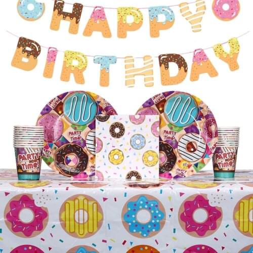Donut Party Supplies Tableware Pack Happy Birthday Banner Dinner Plate Napkin Cup Tablecloth Dinnerware Wedding Baby Shower Set