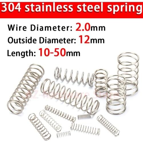 304 Stainless Steel Compression Spring Return Spring Steel Wire Diameter 2.0mm Outside Diameter 12mm Pressure Spring 5/10 Pcs