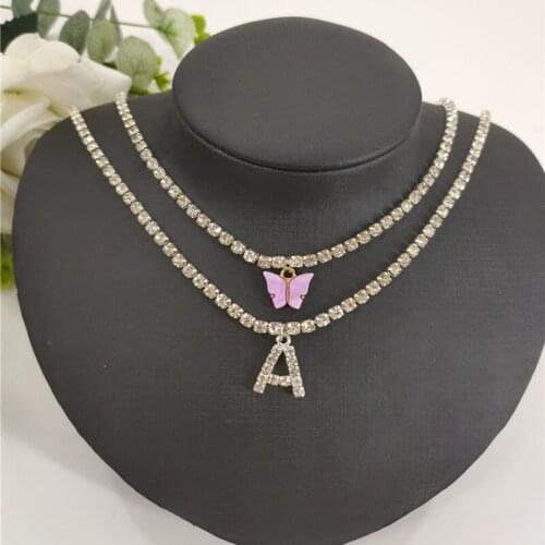 Luxury Pendant Necklace 26 Letter Custom Double Necklace Colorful Butterfly Rhinestone Hot Sale Fashion Charm Hip Hop Fashion