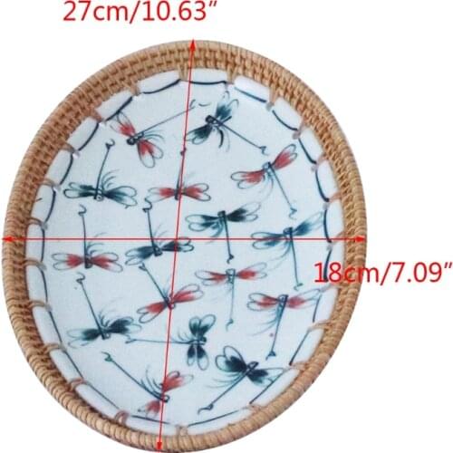 C5AD Handmade Rattan Serving Plate Oval Ceramic Porcelain Fruit Dessert Food Storage Container Tray Dish for Home Living Room