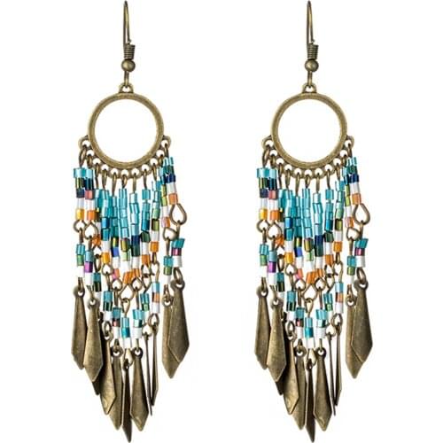 Vintage long fringe earrings for women jewelry Boho colorful resin black crystal pendant tassel earring Ethnic drop earings gift