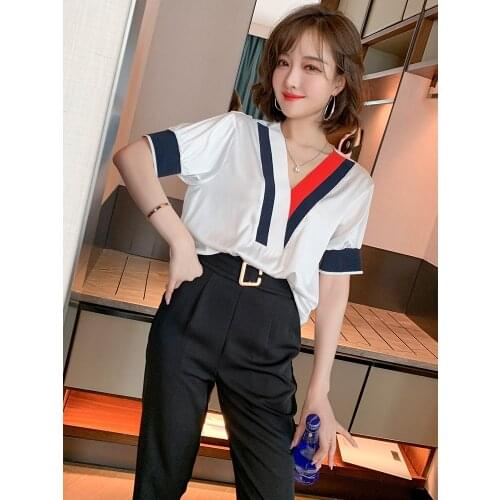 Trendy Stitching Contrasting Color Threaded Edge Sexy V-neck Slimming All-match Shirt Top Womens Fashion Summer New Style