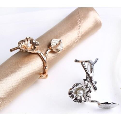 Shiny Gold Silver Plating Branch with Leaves and Pearl Inlaid Flower Design Metal Alloy Napkin Rings Set of 6 Pieces