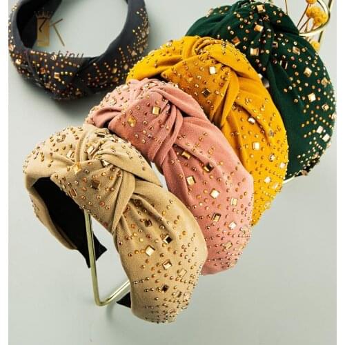 Vintage Korean Shiny Crystal Big Bowknot Headband for Woman Elegant Solid Color Fabric Wide Hairband Woman Party Hair Accessory