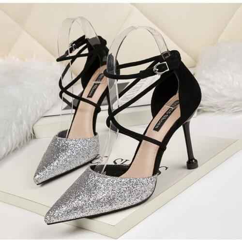 Women sandals PU Sequined Cloth Buckle Strap 9CM Thin Heels High heels Pointed Toe Shallow sandal for women shoes size 35-42