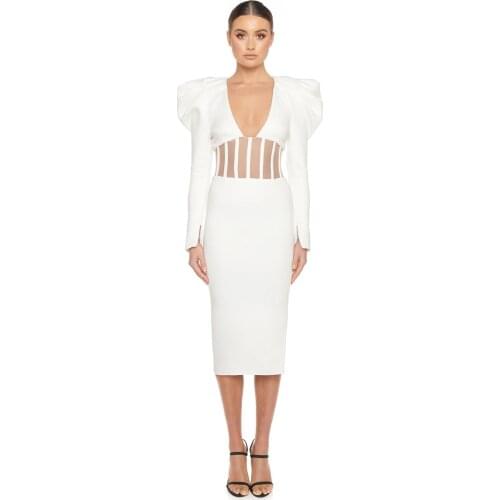 New Arrival Long Sleeve Knee Length White Hollow Out V-Neck Womens Dress Celebrity Night Party Dresses Formal Dress