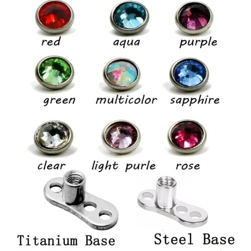 1pcs/lot 16G Titanium or Steel Base Gem Head Micro Dermal Anchor Crystal Top Dermal Anchor Piercing Body Jewelry