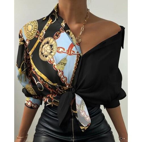 2021 Spring and Summer Shirt Fashion Elegant Chain Print Button Design Lantern Sleeve Shirt Long Sleeve Sexy Casual Shirt Top