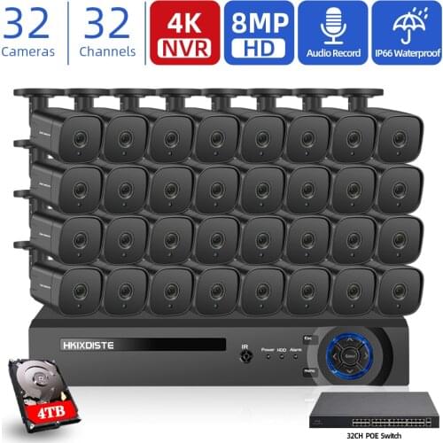 4K 8MP 32CH HD NVR With Audio Cctv System Outdoor IP66 Waterproof 8.0MP Bullet Human Detection Video Surveillance Camera Set P2P