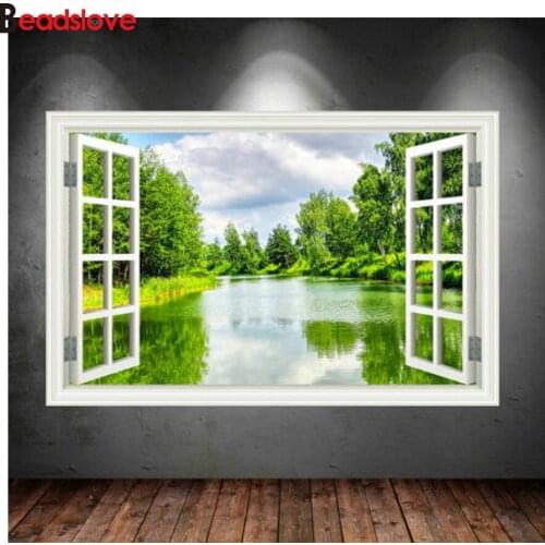 Full Color green trees river window view 5d decoration diamond painting full drill square round diamond embroidery cross stitch