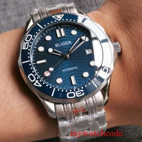 Bliger Blue Dial Mechanical Automatic Movement NH35A MIYOTA 8215 Movement Sapphire Glass Mental Band Auto Date Rotating Bezel