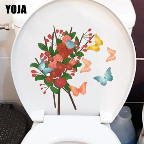 YOJA 22.3X21.7CM Hydrangea Flowers Butterfly Cartoon WC Decor Toilet Decal Home Room Wall Sticker T1-2211