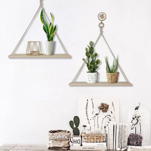 Premium Wood Swing Hanging Rope Wall Mounted Shelves Plant Flower Pot Rack indoor outdoor decoration simple design Shelves