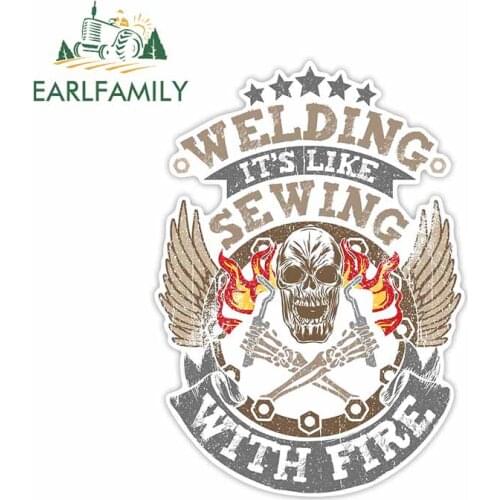 EARLFAMILY 13cm x 10.3cm for Welder Sewing with Fire Skull Car Stickers Personality Decal Waterproof Bumper VAN Trunk Graphics