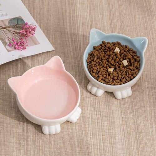 Cartoon Cat face Figurine ceramic high-foot bowl protect cervical Drinking bowl cat food utensils pet cat bowl pet supplies