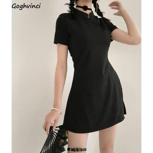 Classic Dresses Women Solid Sexy Side Silt Asymmetric Club Wear Ladies Modern Mini Cheongsam High Waist Elegant Gothic Retro