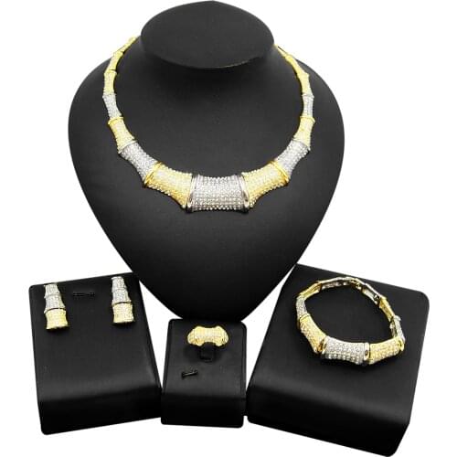 Yulaili Luxury Dubai Gold Jewelry Sets Crystal Choker Necklaces Stud Earrings Charm Bracelet Ring Trendy Wedding Jewelery Set
