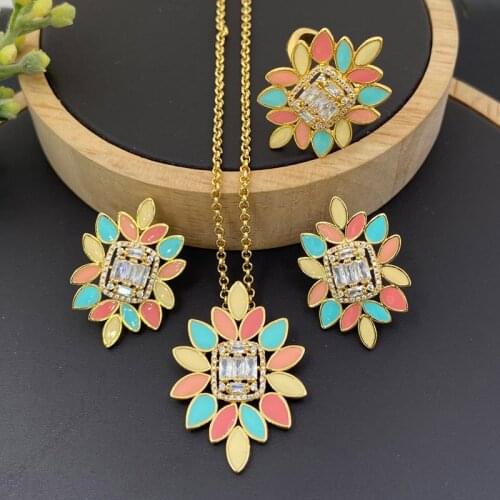 Lanyika Fashion Jewelry Set Vivid chrysanthemum Drip Oil Zirconia Inlay Necklace with Earring and Ring for Women Party Best Gift