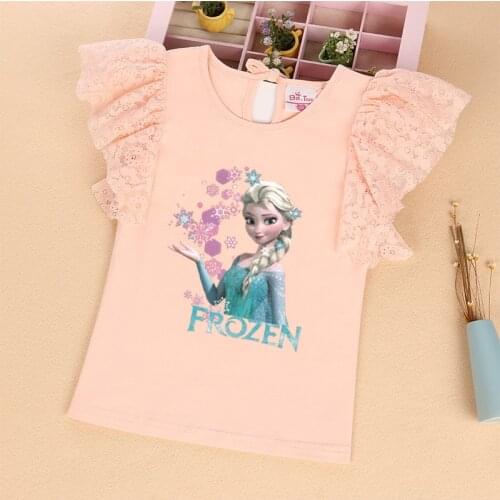Summer Teenagers Girls Lace Short Sleeve T Shirt Elsa Princess Costume Cute Little Children Clothes Fashion Kids Tee Tops